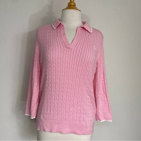 Ralph Lauren Sweaters - Vintage Ralph Lauren Women Light Pink Collared Cable Knit Soft Sweater XL Preppy